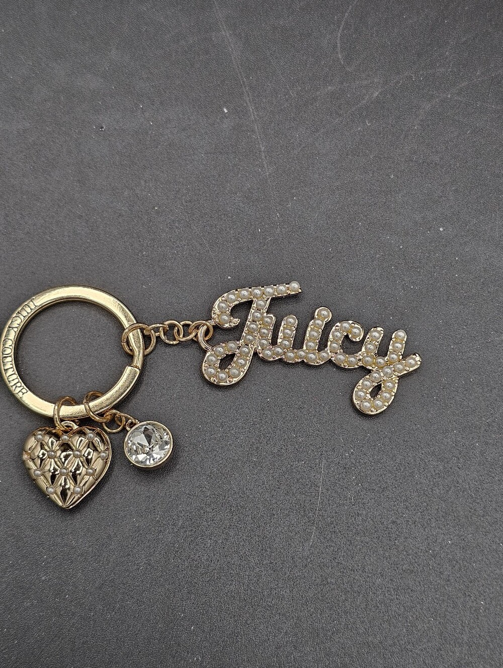 Juicy Couture Pearl Spell Out Gold Keychain Holder Filigree Heart Gem Y2k Style